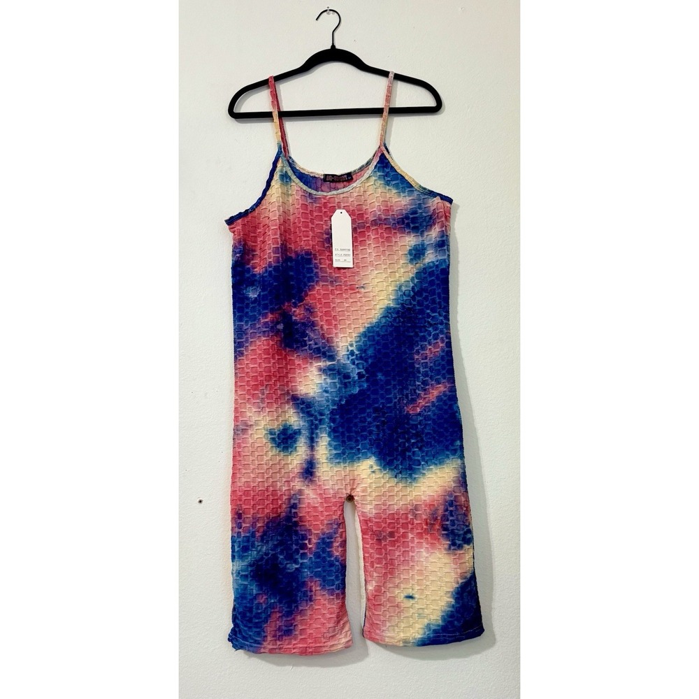 AQ Sport Women's 2X Tie Dye Jumpsuit Stock Number A13, Capri Multicolor Romper.